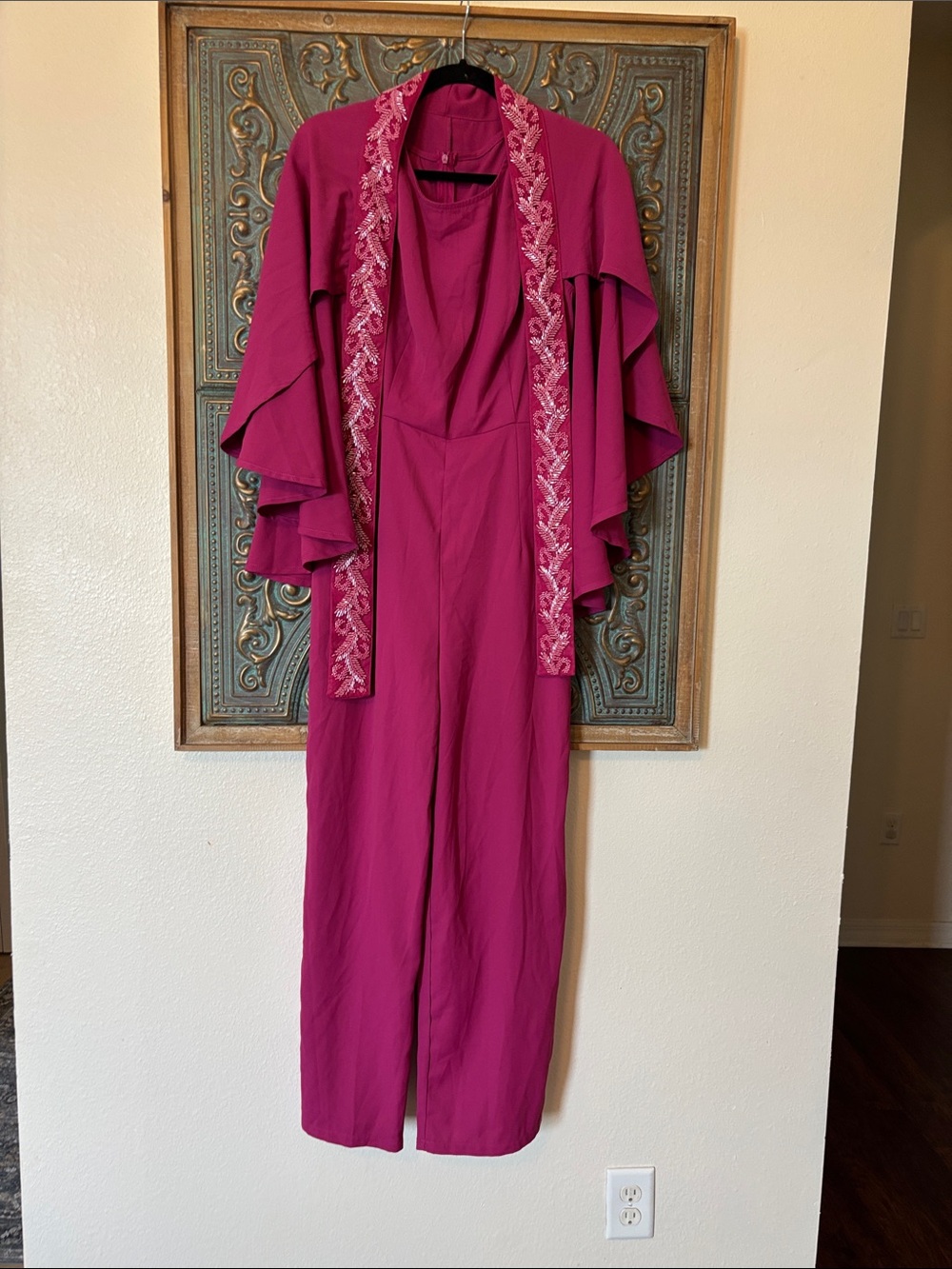 Women’s Magenta Jumpsuit w/Embroidered Trim Shein M 2 pc set cape and jumpsuit